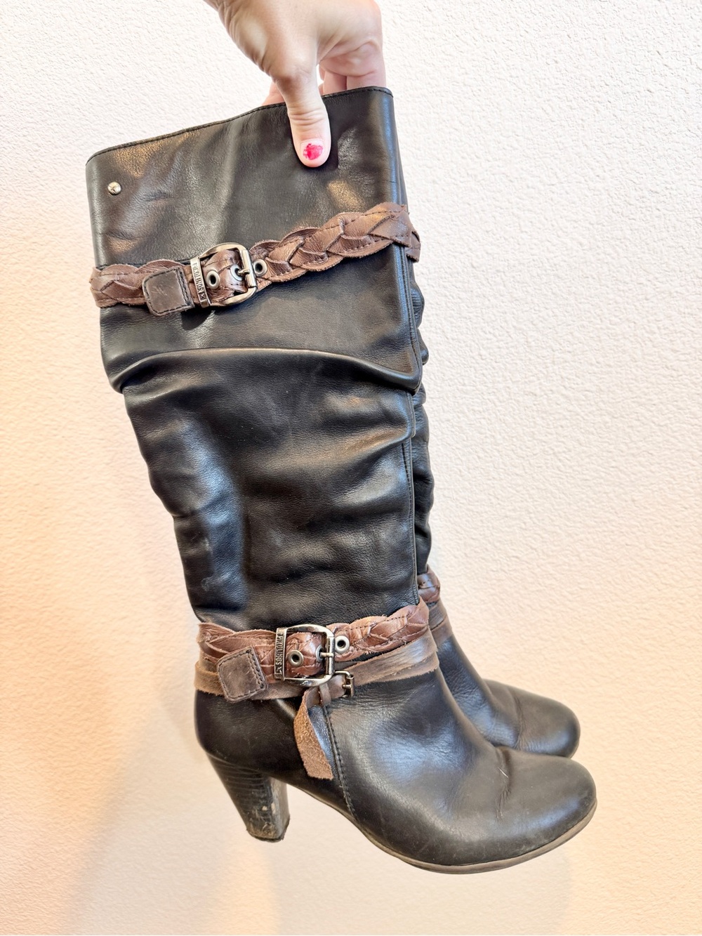 Pikolinos Verona EU 38 US 7.5-8 Black Leather Tall Boots Moto Biker Buckle K39